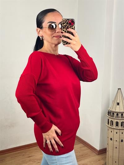 KAYIK YAKA CEPLİ KIRMIZI UZUN TRİKO