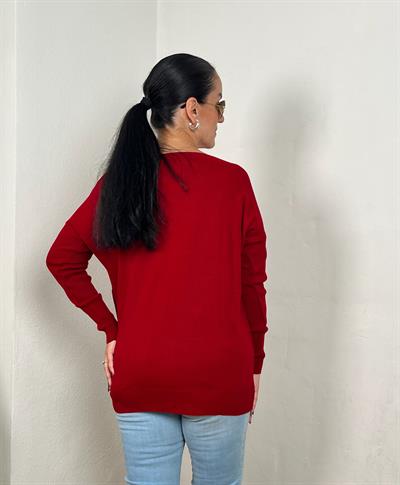 KAYIK YAKA CEPLİ KIRMIZI UZUN TRİKO