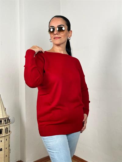KAYIK YAKA CEPLİ KIRMIZI UZUN TRİKO