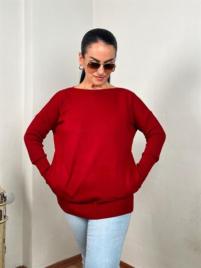 KAYIK YAKA CEPLİ KIRMIZI UZUN TRİKO