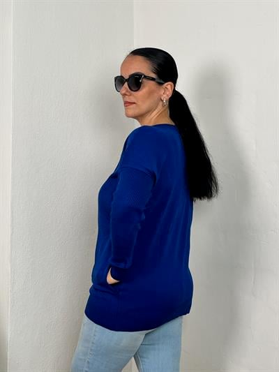 KAYIK YAKA CEPLİ MAVİ UZUN TRİKO