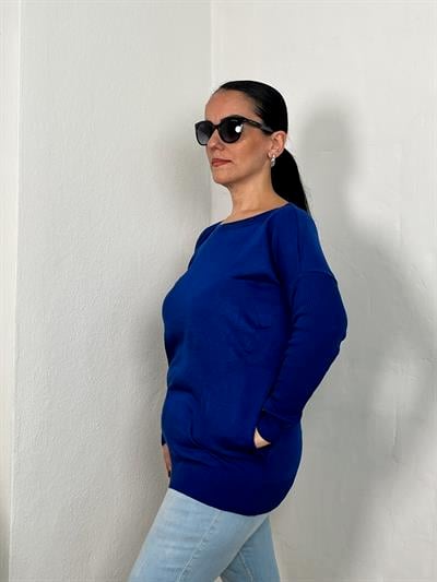 KAYIK YAKA CEPLİ MAVİ UZUN TRİKO