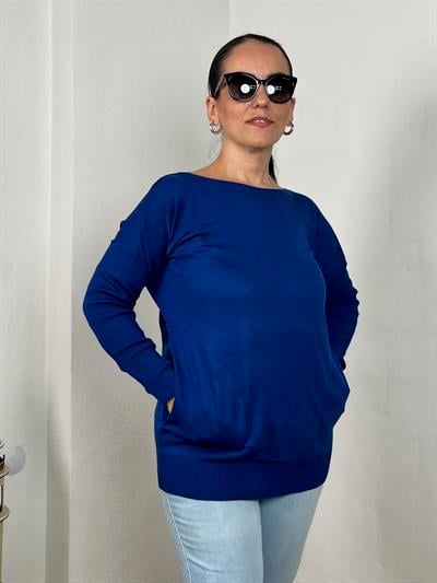 KAYIK YAKA CEPLİ MAVİ UZUN TRİKO