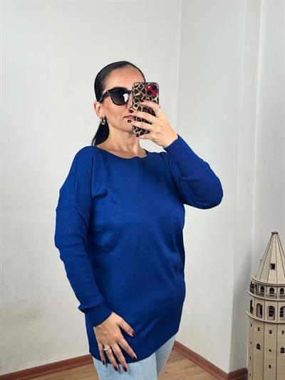 KAYIK YAKA CEPLİ MAVİ UZUN TRİKO