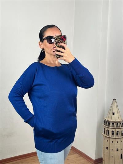 KAYIK YAKA CEPLİ MAVİ UZUN TRİKO