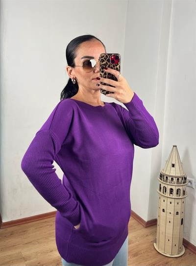 KAYIK YAKA CEPLİ MOR UZUN TRİKO