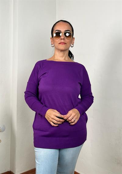 KAYIK YAKA CEPLİ MOR UZUN TRİKO