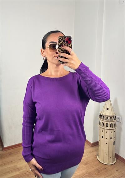 KAYIK YAKA CEPLİ MOR UZUN TRİKO