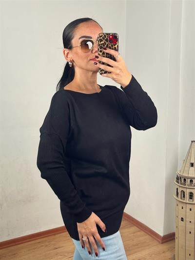 KAYIK YAKA CEPLİ SİYAH UZUN TRİKO