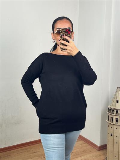 KAYIK YAKA CEPLİ SİYAH UZUN TRİKO