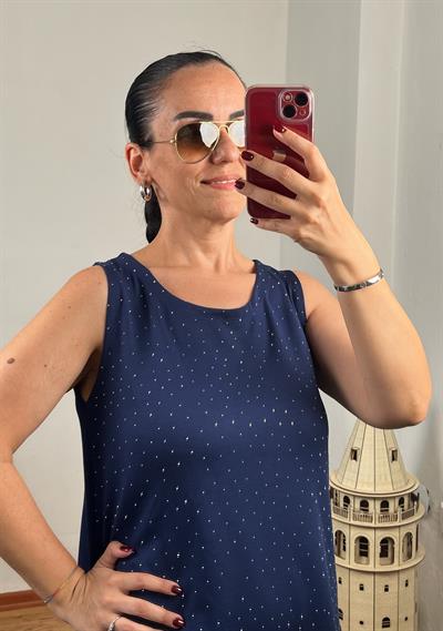 KOLSUZ ÖNÜ TAŞLI MODAL LACİVERT ŞORTLU TAKIM