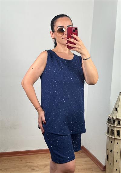 KOLSUZ ÖNÜ TAŞLI MODAL LACİVERT ŞORTLU TAKIM