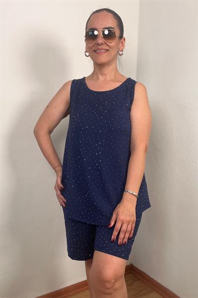 KOLSUZ ÖNÜ TAŞLI MODAL LACİVERT ŞORTLU TAKIM
