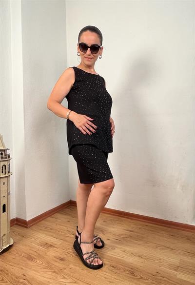 KOLSUZ ÖNÜ TAŞLI MODAL SİYAH ŞORTLU TAKIM