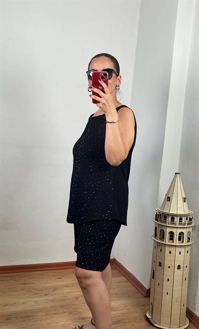 KOLSUZ ÖNÜ TAŞLI MODAL SİYAH ŞORTLU TAKIM