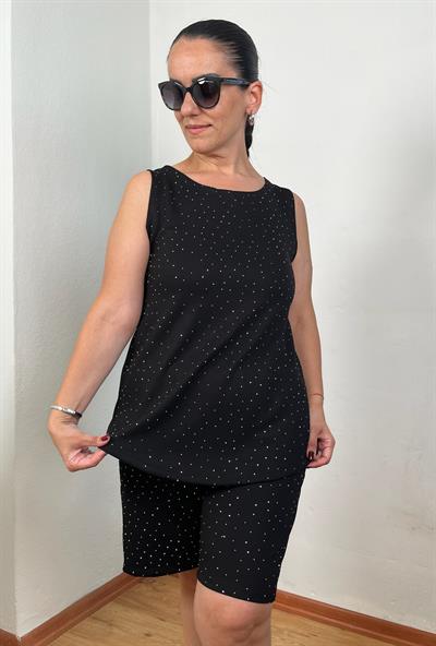 KOLSUZ ÖNÜ TAŞLI MODAL SİYAH ŞORTLU TAKIM