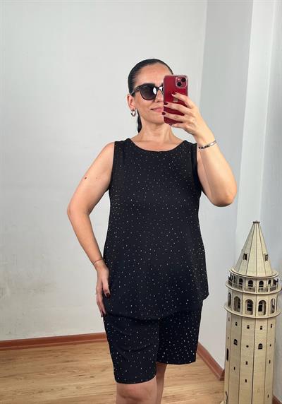 KOLSUZ ÖNÜ TAŞLI MODAL SİYAH ŞORTLU TAKIM