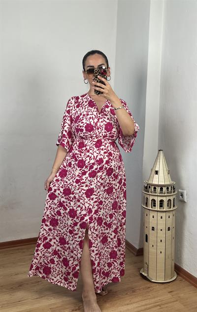 KRUVAZE YAKA BELİ LASTİKLİ FUŞYA ÇİÇEKLİ ELBİSE