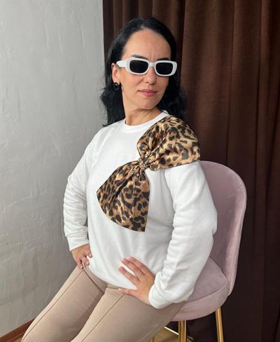LEOPAR PAPYONLU BEYAZ SWEATSHİRT