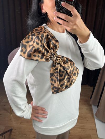 LEOPAR PAPYONLU BEYAZ SWEATSHİRT