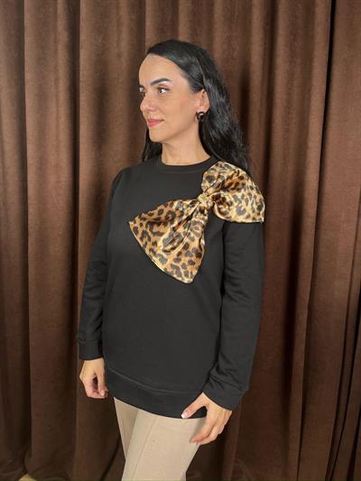 LEOPAR PAPYONLU SİYAH SWEATSHİRT