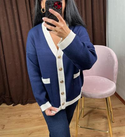 BEYAZ ŞERİTLİ GOLD DÜĞMELİ CEPLİ LACİVERT HIRKA