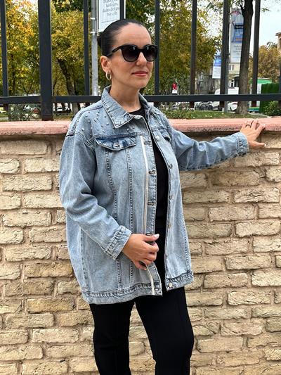 OMZU TAŞLI GÜMÜŞ ŞERİT DETAYLI KOT CEKET