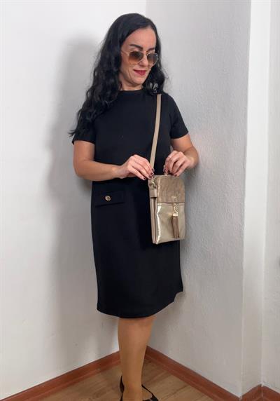 GOLD DÜĞMELİ CEP KAPAK DETAYLI MODAL SİYAH ELBİSE