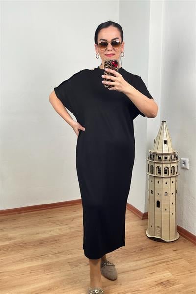  OMUZ GOLD DÜĞMELİ YARASA KOL MODAL SİYAH ELBİSE