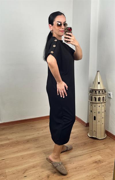  OMUZ GOLD DÜĞMELİ YARASA KOL MODAL SİYAH ELBİSE