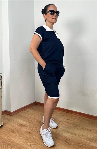 POLO YAKA BEYAZ ŞERİT DETAYLI LACİVERT ŞORTLU TAKIM