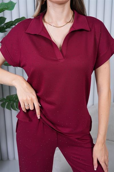 POLO YAKA TAŞ DETAYLI KRİSTAL KUMAŞ BORDO İKİLİ TAKIM