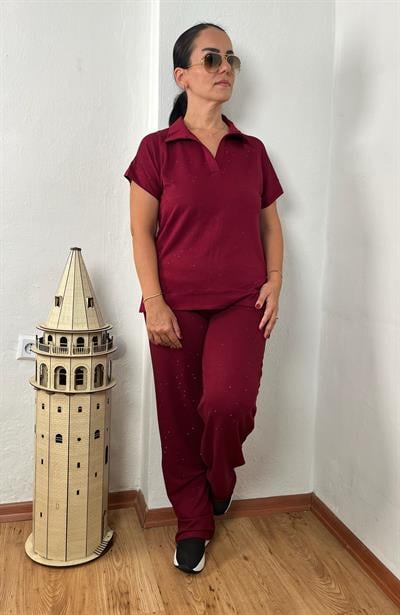 POLO YAKA TAŞ DETAYLI KRİSTAL KUMAŞ BORDO İKİLİ TAKIM