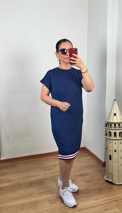 RİBANA ŞERİT DETAYLI TAŞLI MODAL LACİVERT ELBİSE