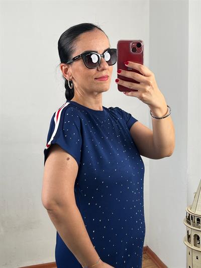 RİBANA ŞERİT DETAYLI TAŞLI MODAL LACİVERT ELBİSE