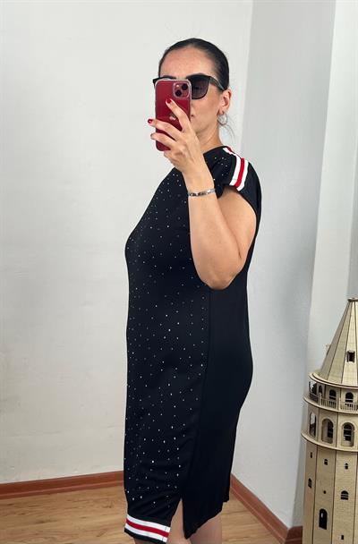 RİBANA ŞERİT DETAYLI TAŞLI MODAL SİYAH ELBİSE