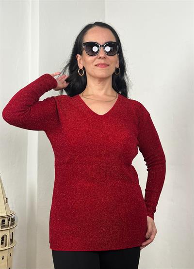 SİMLİ V YAKA KIRMIZI TRİKO BLUZ