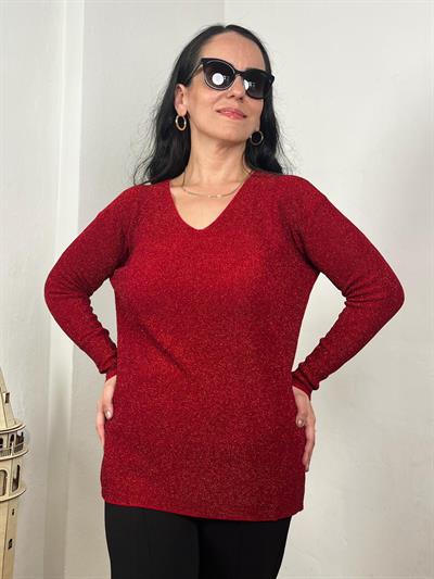 SİMLİ V YAKA KIRMIZI TRİKO BLUZ