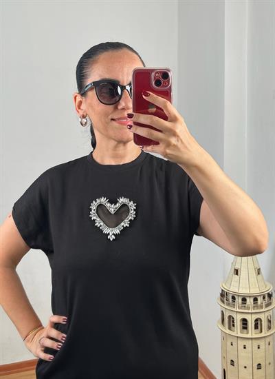 ŞORTLU KALP DETAYLI SİMLİ ŞERİTLİ MODAL SİYAH TAKIM