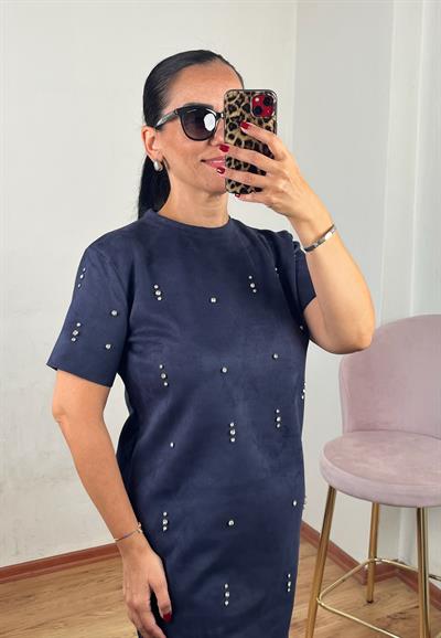 SÜET PARLAK TAŞLI LACİVERT ELBİSE