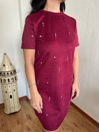 SÜET PARLAK TAŞLI BORDO ELBİSE
