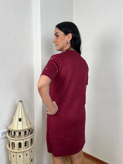 SÜET PARLAK TAŞLI BORDO ELBİSE
