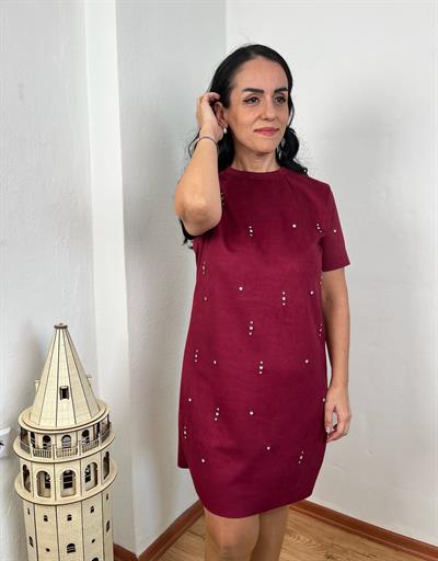 SÜET PARLAK TAŞLI BORDO ELBİSE