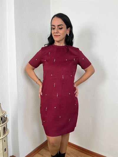 SÜET PARLAK TAŞLI BORDO ELBİSE