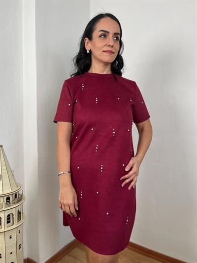 SÜET PARLAK TAŞLI BORDO ELBİSE