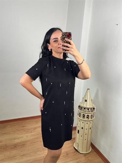 SÜET PARLAK TAŞLI SİYAH ELBİSE