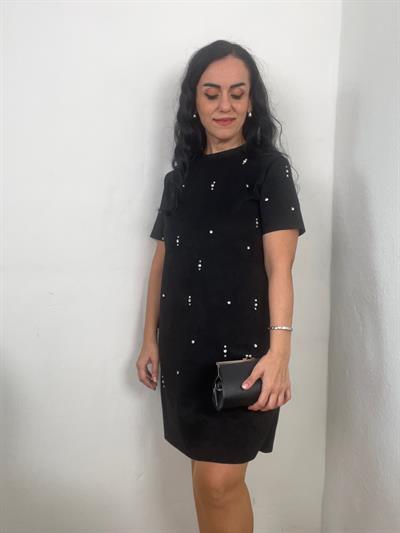 SÜET PARLAK TAŞLI SİYAH ELBİSE