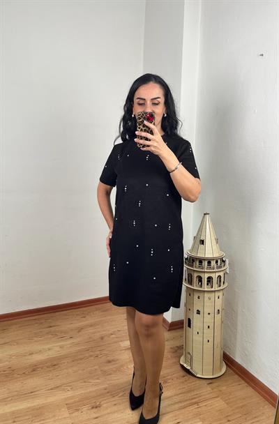 SÜET PARLAK TAŞLI SİYAH ELBİSE