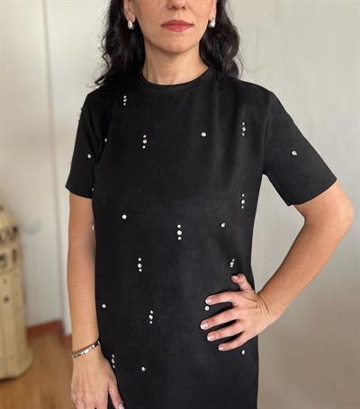 SÜET PARLAK TAŞLI SİYAH ELBİSE