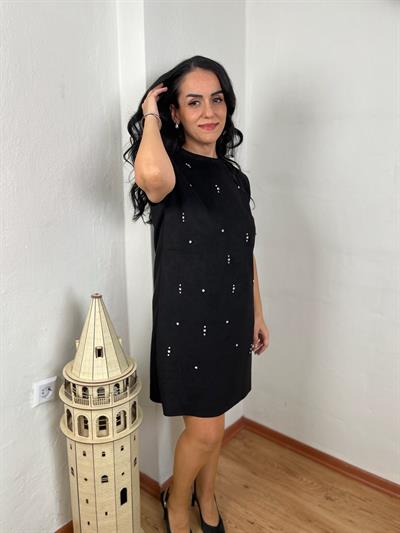 SÜET PARLAK TAŞLI SİYAH ELBİSE
